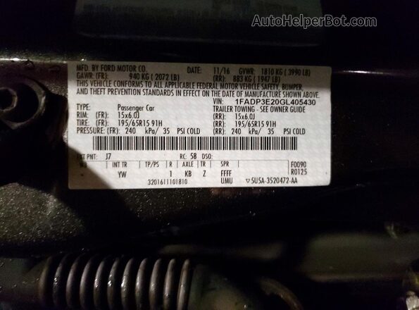 1FADP3E20GL405430 2016 FORD FOCUS Gray Вид наклейки з VIN-кодом