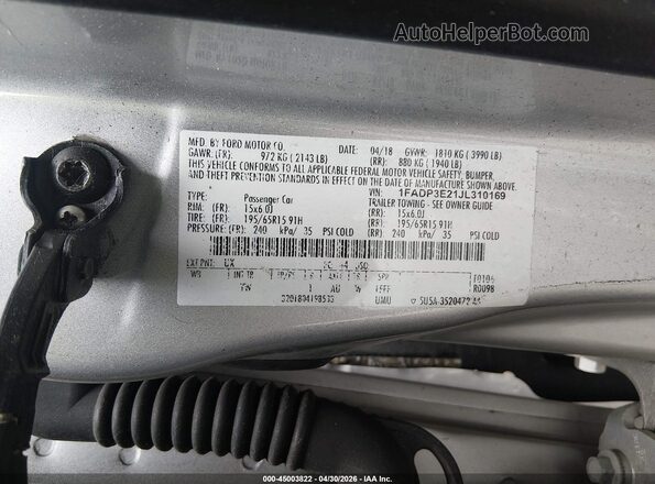 1FADP3E21JL310169 2018 FORD FOCUS Серебряный Вид подкапотного пространства