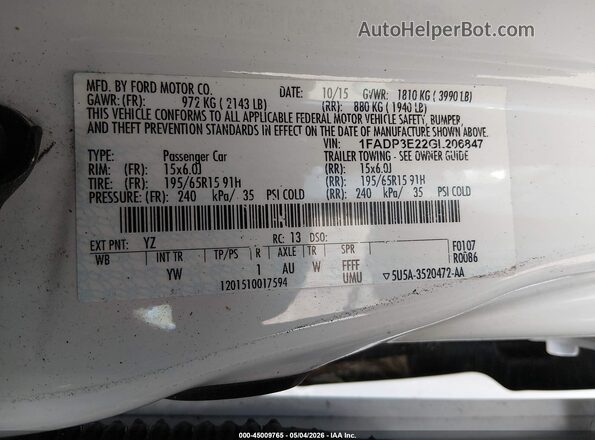 1FADP3E22GL206847 2016 FORD FOCUS Белый Вид щитка приборов