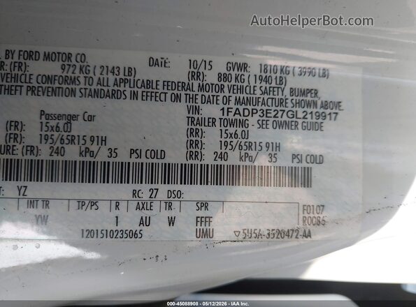 1FADP3E27GL219917 2016 FORD FOCUS Белый Вид подкапотного пространства