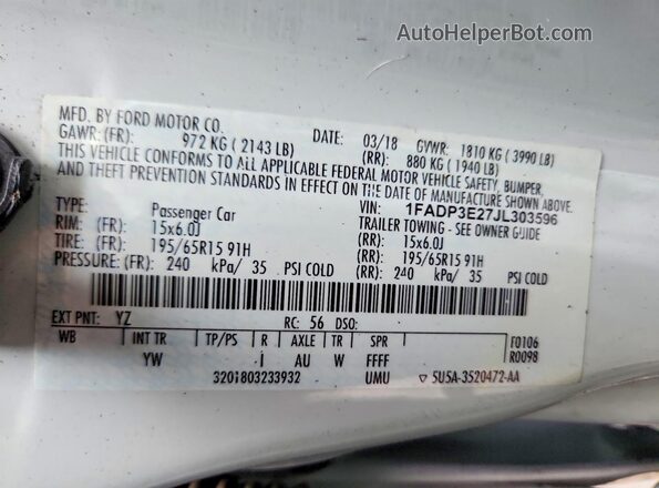 1FADP3E27JL303596 2018 FORD FOCUS Белый Вид подкапотного пространства
