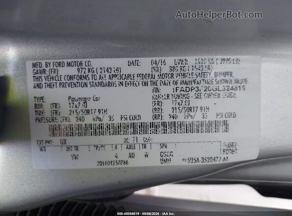 1FADP3F20GL324815 2016 FORD FOCUS Серебряный Вид подкапотного пространства