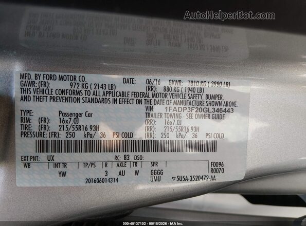 1FADP3F20GL346443 2016 FORD FOCUS Серебряный Вид подкапотного пространства