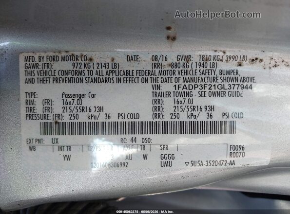 1FADP3F21GL377944 2016 FORD FOCUS Серебряный Вид подкапотного пространства
