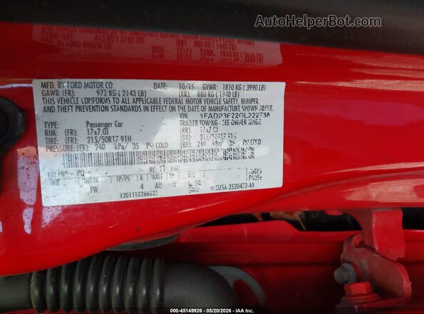 1FADP3F22GL222738 2016 FORD FOCUS Red Widok komory silnika