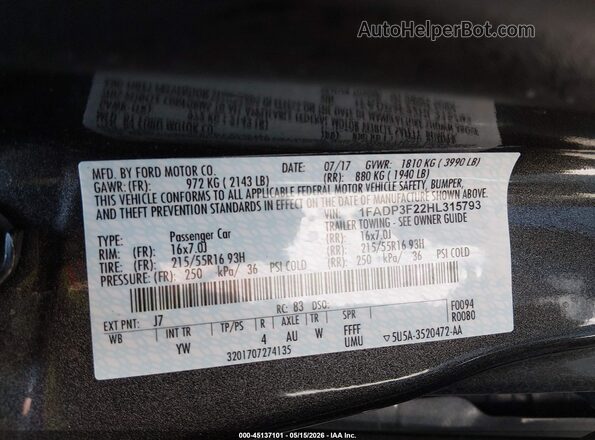 1FADP3F22HL315793 2017 FORD FOCUS Серый Вид подкапотного пространства