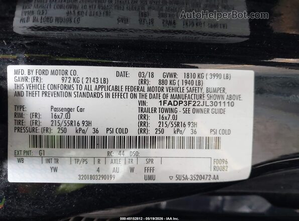 1FADP3F22JL301110 2018 FORD FOCUS Черный Вид подкапотного пространства