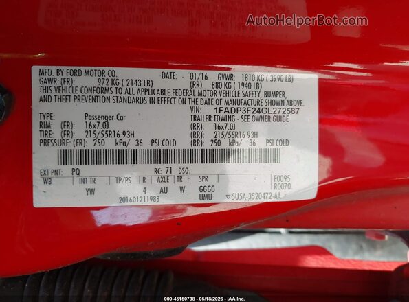 1FADP3F24GL272587 2016 FORD FOCUS Красный Вид подкапотного пространства