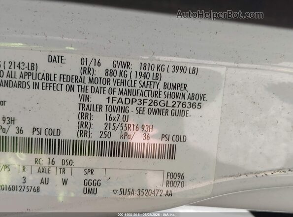 1FADP3F26GL276365 2016 FORD FOCUS Белый Вид подкапотного пространства