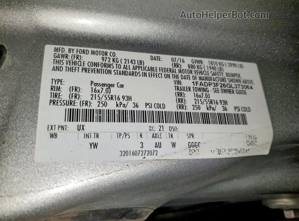 1FADP3F26GL373064 2016 FORD FOCUS Серебряный Вид подкапотного пространства