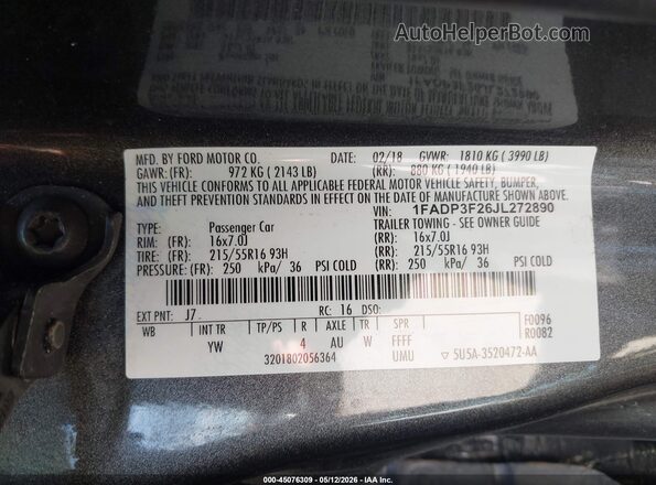 1FADP3F26JL272890 2018 FORD FOCUS Gray Вид підкапотного простору