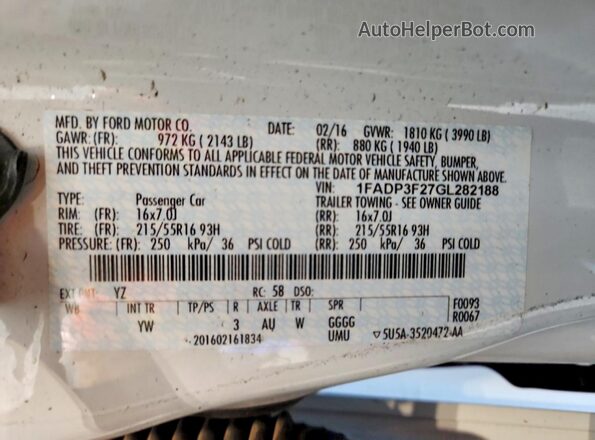 1FADP3F27GL282188 2016 FORD FOCUS White Вид підкапотного простору