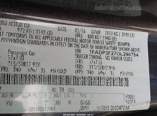 1FADP3F27GL296754 2016 FORD FOCUS Серый Вид подкапотного пространства