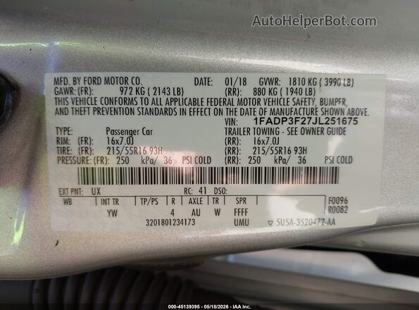 1FADP3F27JL251675 2018 FORD FOCUS Серебряный Вид подкапотного пространства