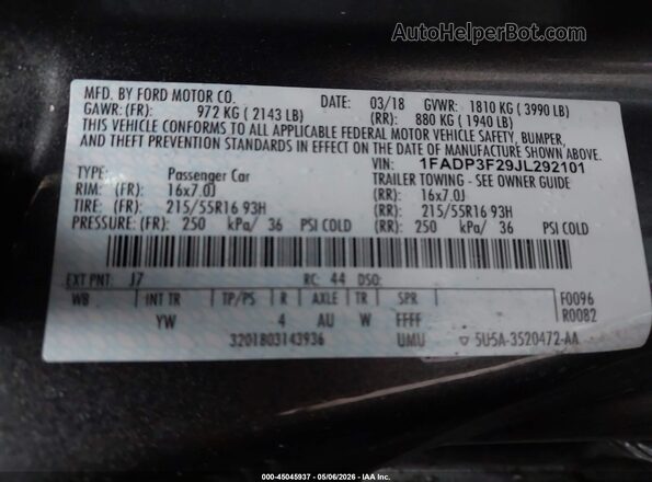 1FADP3F29JL292101 2018 FORD FOCUS Серый Вид подкапотного пространства