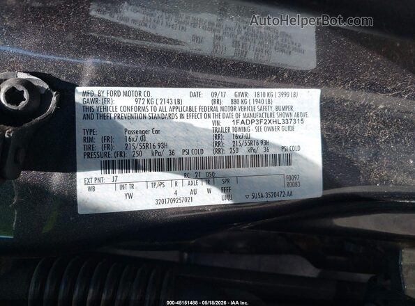 1FADP3F2XHL337315 2017 FORD FOCUS Серый Вид подкапотного пространства