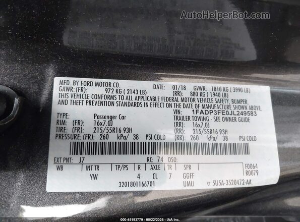 1FADP3FE0JL249583 2018 FORD FOCUS Gray Widok komory silnika