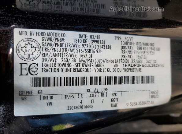 1FADP3FE0JL262804 2018 FORD FOCUS Черный Вид подкапотного пространства