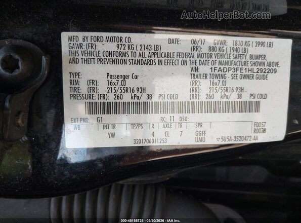 1FADP3FE1HL292209 2017 FORD FOCUS Черный Вид подкапотного пространства