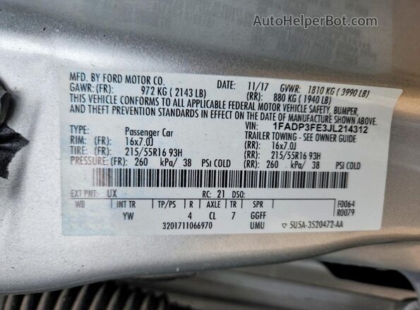 1FADP3FE3JL214312 2018 FORD FOCUS Серебряный Вид подкапотного пространства
