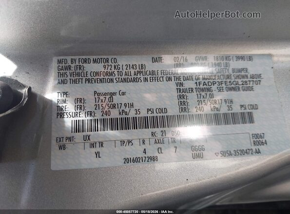 1FADP3FE5GL287707 2016 FORD FOCUS Серебряный Вид подкапотного пространства