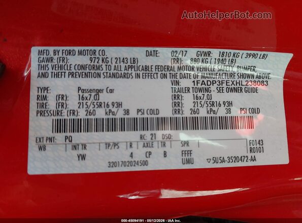 1FADP3FEXHL238083 2017 FORD FOCUS Красный Вид подкапотного пространства