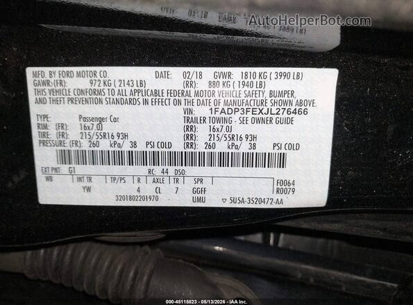 1FADP3FEXJL276466 2018 FORD FOCUS Черный Вид подкапотного пространства