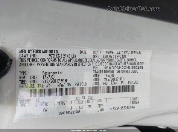 1FADP3H2XHL290249 2017 FORD FOCUS White Widok komory silnika