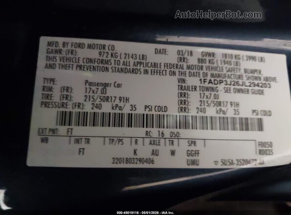 1FADP3J26JL294203 2018 FORD FOCUS Синий Вид подкапотного пространства