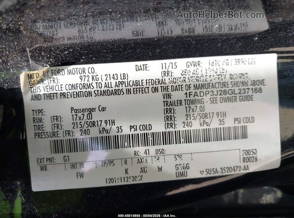 1FADP3J28GL237168 2016 FORD FOCUS Black Vista del compartimento del motor