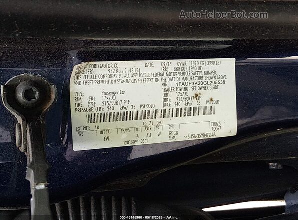 1FADP3K20GL205538 2016 FORD FOCUS Синий Вид подкапотного пространства
