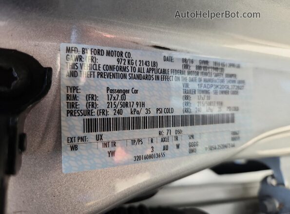 1FADP3K20GL372627 2016 FORD FOCUS Серебряный Вид подкапотного пространства