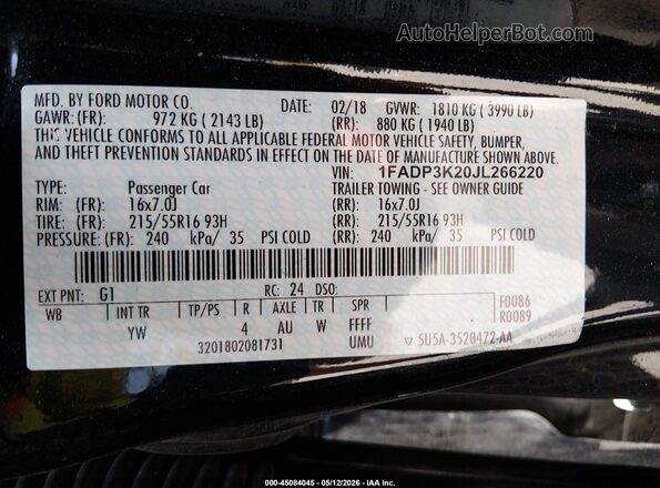 1FADP3K20JL266220 2018 FORD FOCUS Черный Вид подкапотного пространства