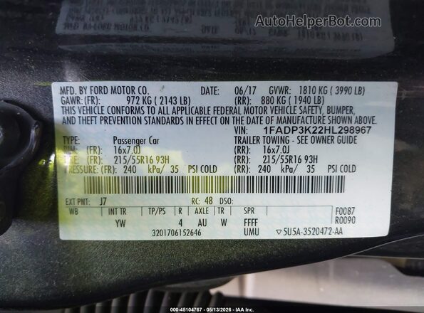 1FADP3K22HL298967 2017 FORD FOCUS Серый Вид подкапотного пространства