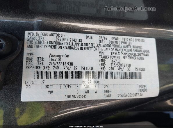 1FADP3K26GL367948 2016 FORD FOCUS Black Widok komory silnika