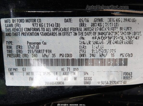 1FADP3K27GL330147 2016 FORD FOCUS Black ძრავის განყოფილების ხედი