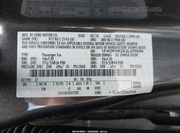 1FADP3K2XJL255046 2018 FORD FOCUS Серый Вид подкапотного пространства