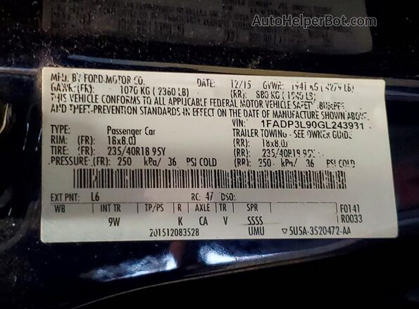 1FADP3L90GL243931 2016 FORD FOCUS Синий Вид наклейки с VIN-кодом