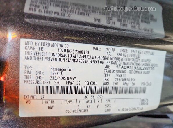 1FADP3L93JL282729 2018 FORD FOCUS Угольный Вид наклейки с VIN-кодом