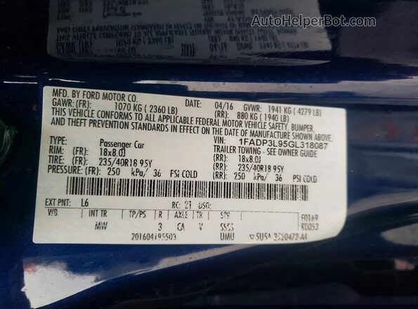 1FADP3L95GL318087 2016 FORD FOCUS Синий Вид наклейки с VIN-кодом