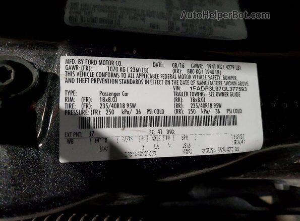 1FADP3L97GL377593 2016 FORD FOCUS Gray VIN კოდის სტიკერის ხედი