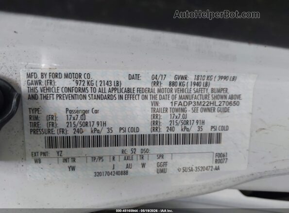 1FADP3M22HL270650 2017 FORD FOCUS White Vista del compartimento del motor