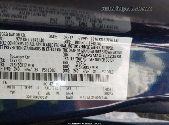 1FADP3M2XHL323885 2017 FORD FOCUS Blue Vista del compartimento del motor