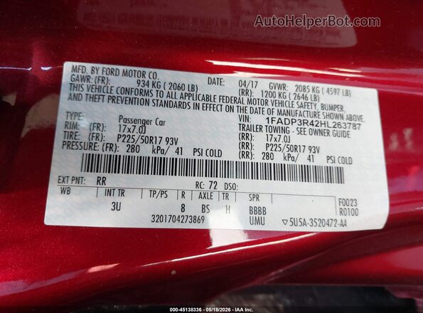 1FADP3R42HL263787 2017 FORD FOCUS ELECTRIC Red Vista del compartimento del motor