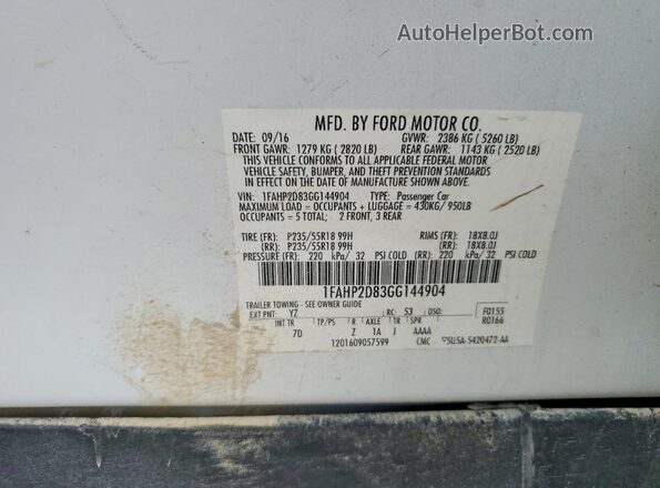 1FAHP2D83GG144904 2016 FORD TAURUS White Engine compartment view
