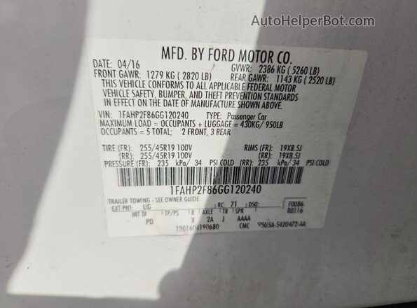 1FAHP2F86GG120240 2016 FORD TAURUS Белый Вид наклейки с VIN-кодом
