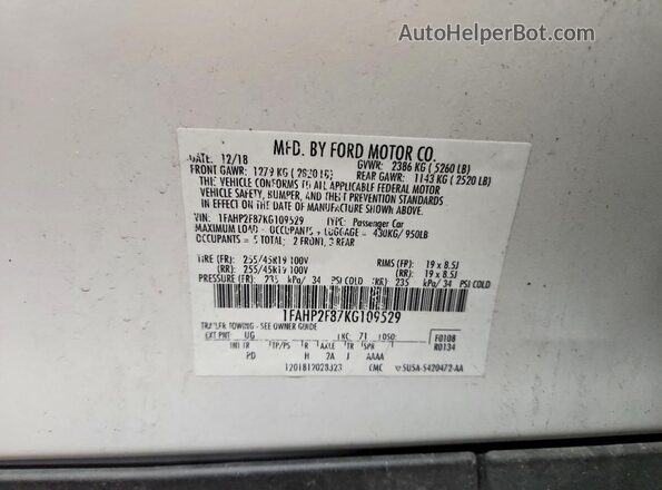 1FAHP2F87KG109529 2019 FORD TAURUS Белый Вид наклейки с VIN-кодом