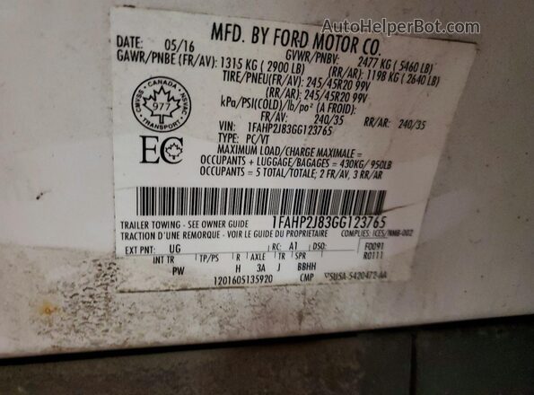 1FAHP2J83GG123765 2016 FORD TAURUS White ძრავის განყოფილების ხედი