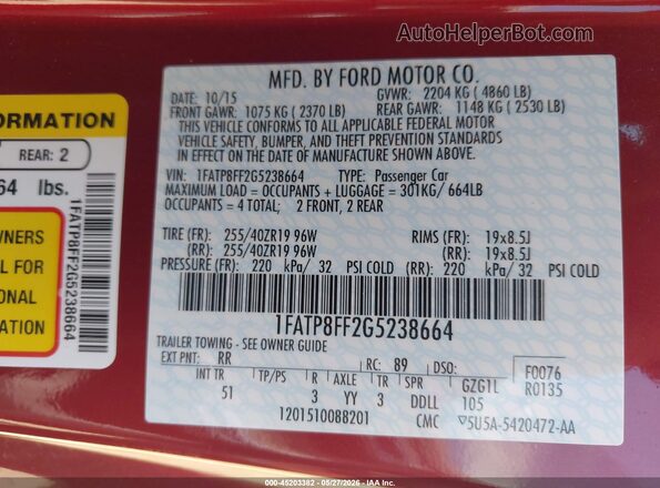 1FATP8FF2G5238664 2016 FORD MUSTANG Темно-бордовый Вид подкапотного пространства
