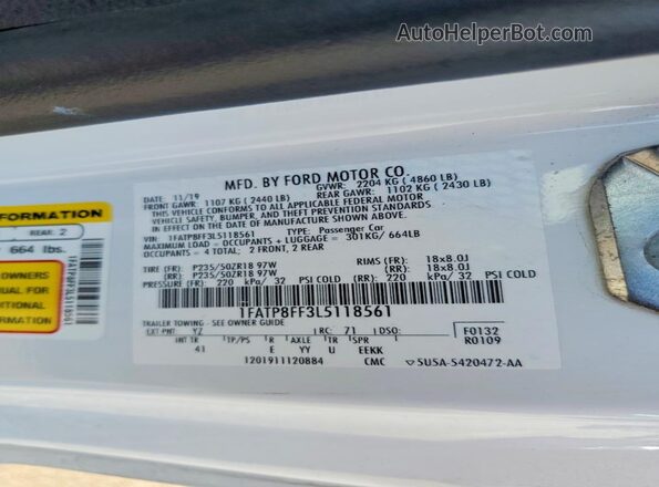 1FATP8FF3L5118561 2020 FORD MUSTANG White Vista del compartimento del motor